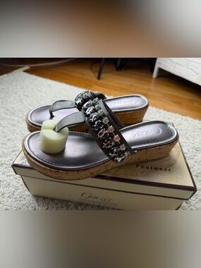 SZ 8 Grazie Black Jeweled Cork Wedge Thong Sandals